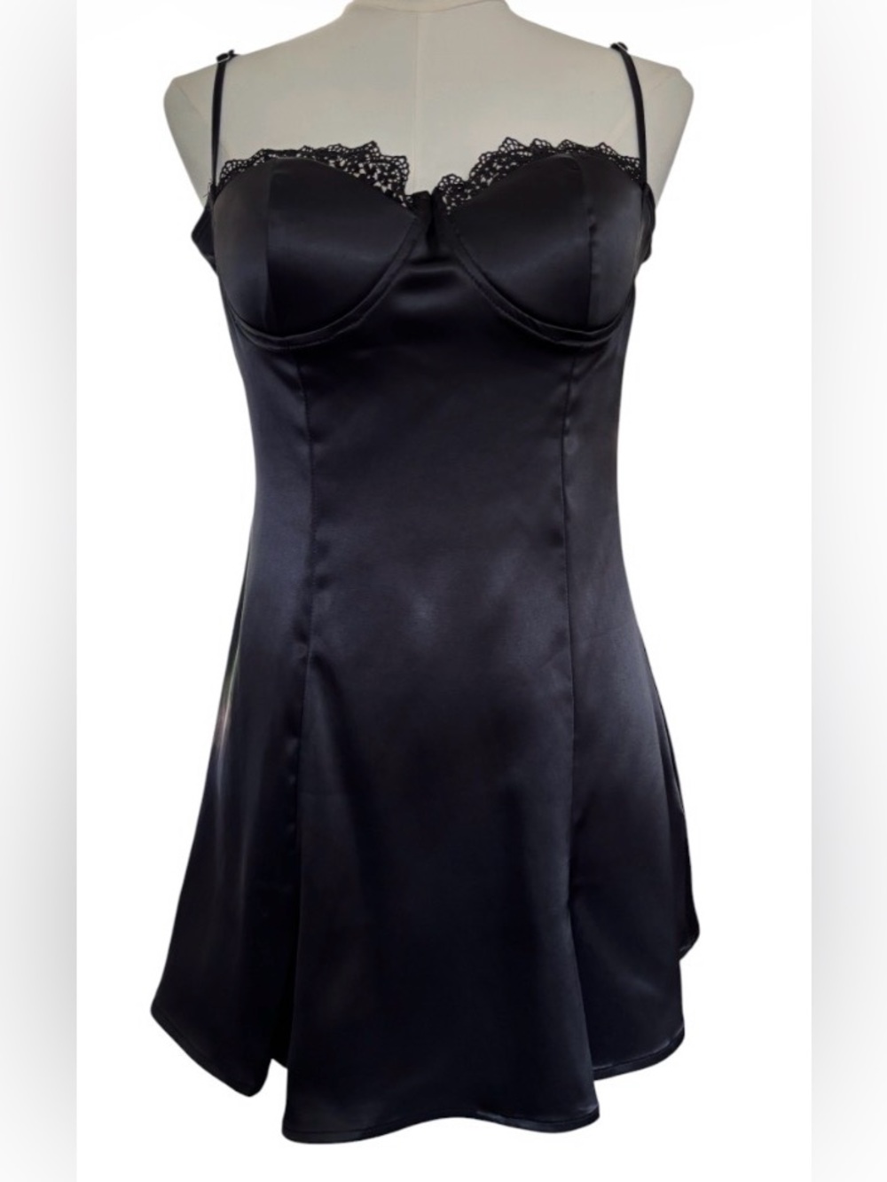SHEIN Black Satin Lace-Trim Mini Dress